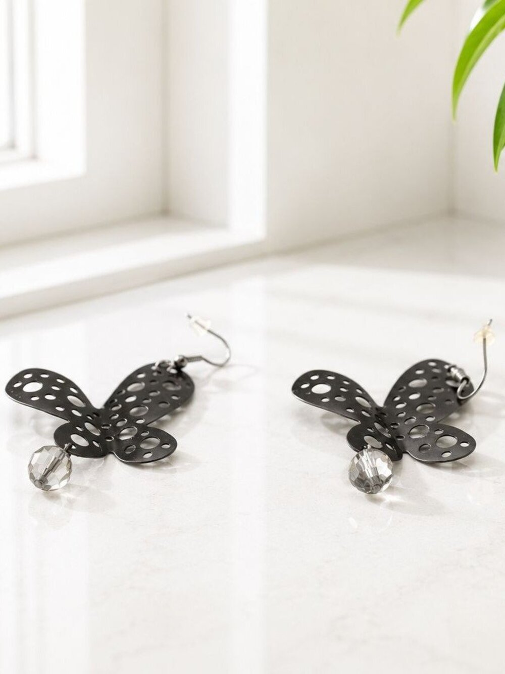 Butterfly-Shaped Metal Earrings With Polka Dot Cutouts & Crystal Beads